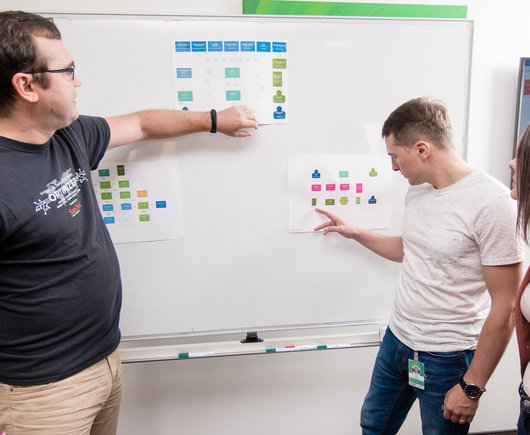 Software architect and other developers looking a whiteboard