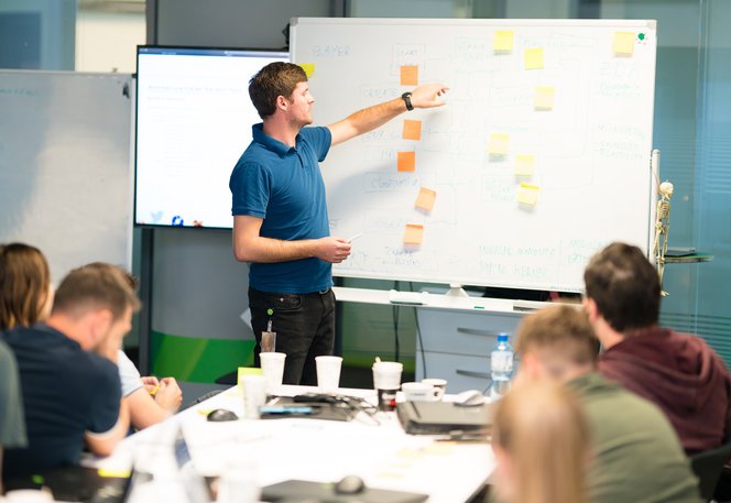 Full stack developer NET developer sharing ideas on a whiteboard